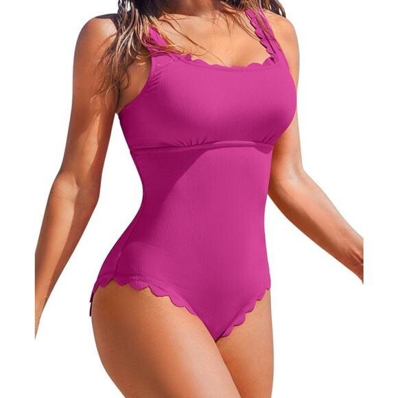 CHARMO Pink Ribbed Scalloped 1 Piece Swimsuit Womens Retro Modest Square Neck S - Picture 4 of 14